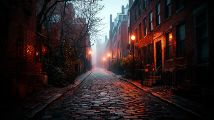 Misty cobblestone street at dawn with warm streetlights, surrounded by old brick buildings and autumn foliage