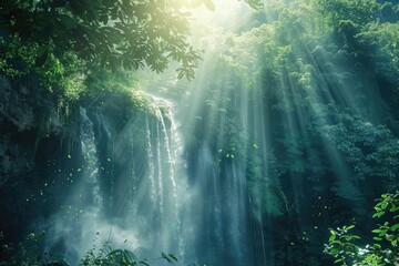 Obraz premium Sunbeams illuminating a lush waterfall in a verdant forest