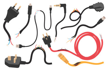 Damaged electronic cables. Danger with voltage due to broken wire. Breakdown of electrical appliances. Vector illustration