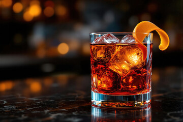 Close-up of a Negroni cocktail garnished with an orange peel.