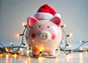 Festive Ceramic Christmas Piggy Bank in Santa Hat Adorned with Colorful Holiday Lights Isolated on White Background for Holiday and Seasonal Decor Stock Photos