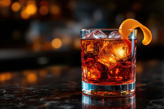 Close-up of a Negroni cocktail garnished with an orange peel.
