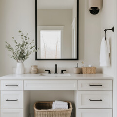 Contemporary White Bathroom with Mirror and Greenery