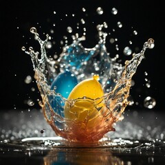 Water balloon bursts in slow motion. The image showcases a dramatic explosion of water droplets, frozen in mid-air with stunning clarity and precision.