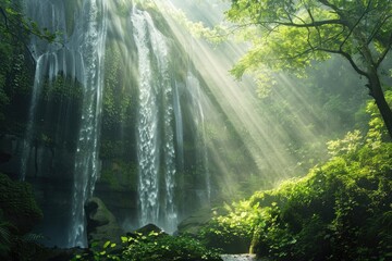 Sunbeams Illuminating a Lush Waterfall in a Tropical Forest