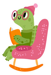 Old turtle in rocking chair. Cute grandma animal