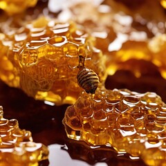 Golden honey. The intricate hexagonal structure and rich texture of the honey create a visually appealing and appetizing image.