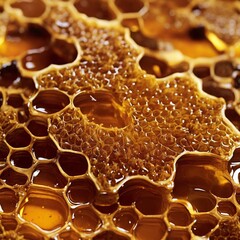 Photograph of a honeycomb filled with golden honey. The intricate hexagonal structure and rich texture of the honey create a visually appealing and appetizing image.