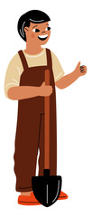 Obraz premium Happy kid digging ground with shovel. Farm character