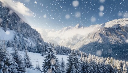 Obraz premium Heavy snowfall blanketing a mountain landscape, winter weather, cold and serene