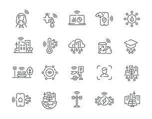Smart city industrial innovation technology line art icon set vector illustration