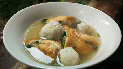 bakso tahu kuah or tofu meatballs with sauce. Typical West Javanese Indonesian food is usually...