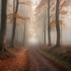 Misty environment and fallen leaves create a serene and tranquil scene, perfect for a peaceful nature walk.