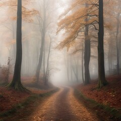 Foggy forest path in autumn. The misty environment and fallen leaves create a serene and tranquil scene, perfect for a peaceful nature walk.