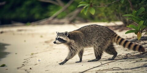 Vintage Style Photography of a Curious Raccoon on Sandy Surface with Blurred Green Background