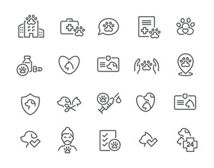 Veterinary clinic pet medical aid grooming line art icon set vector illustration
