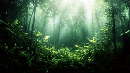 Obraz premium Lush Green Forest with Sunlight Filtering Through Trees and Ferns Creating a Mystical Atmosphere in a Pristine Natural Environment