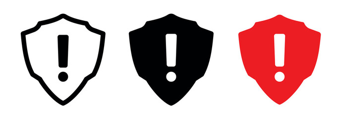 Shield exclamation icon, alert, warning, firewall, security shields, danger, attention symbol. Alert symbols set isolated. Vector illustration