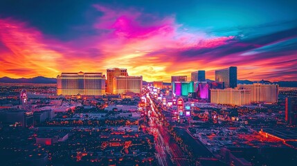 Vibrant Sunset Over Las Vegas Strip Showcasing Iconic Hotels, Colorful Lights, and Stunning Sky for Captivating Nightlife Imagery and Travel Inspiration