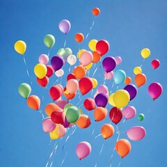 Success a lot of colorful balloons floating freely in a clear blue sky. The vibrant hues and simple composition evoke a sense of joy, celebration, and carefree happiness.