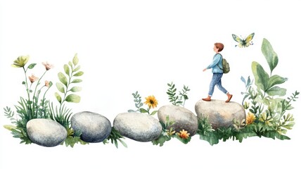 Fototapeta premium CBT Psychotherapy, A young person walks on stones surrounded by lush greenery and flowers, evoking a sense of nature and adventure.