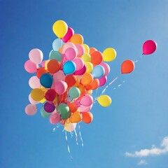Cheerful image of colorful balloons floating freely in a clear blue sky. The vibrant hues and simple composition evoke a sense of joy, celebration, and carefree happiness.