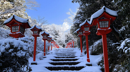 A row of red lanterns with snow-covered steps leading up to the Japanese shrine, which is located in an old forest and has trees covered by heavy white snow. The sky above them was bright blue. This p