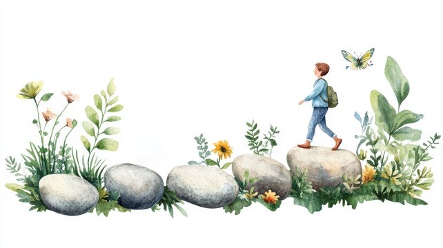 CBT Psychotherapy, A young person walks on stones surrounded by lush greenery and flowers, evoking a sense of nature and adventure.