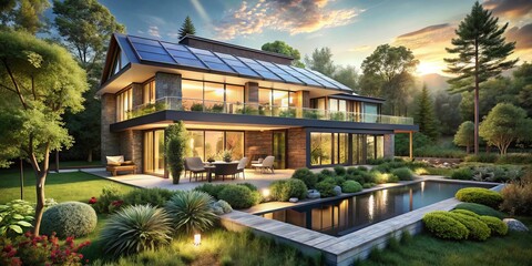 Fototapeta premium Innovative Modern Sustainable House Featuring Solar Panels and Expansive Windows, Nestled Amidst Lush Greenery, Exemplifying Cutting-Edge Architecture and Eco-Friendly Design