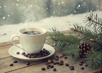 Vintage Style Photography of White Coffee Cup with Steam, Coffee Beans, and Pine Leaves on Wood with Blurred Snowflake Background for Cozy Winter Vibes