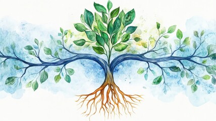 Obraz premium CBT Psychotherapy, self - improvement, A vibrant illustration of a tree with lush green leaves and intricate roots, symbolizing growth, connection, and nature's beauty.