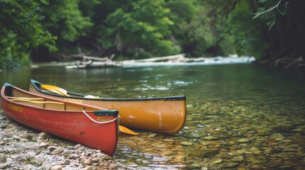A peaceful canoeing scene on a calm river, Canoes and paddles arranged neatly on the shore, Rustic outdoor adventure style