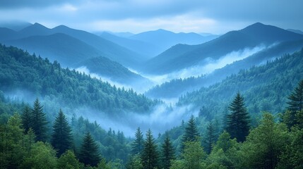 Obraz premium Misty Blue Mountains in Morning Light. Generative AI