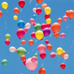 Colorful balloons floating freely in a clear blue sky. The vibrant hues and simple composition evoke a sense of joy, celebration, and carefree happiness.