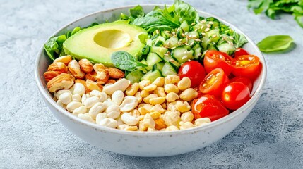 Fresh and Colorful Healthy Salad Bowl with Avocado, Cherry Tomatoes, Cucumbers, Spinach, and Nuts on a Rustic Background