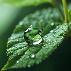 Water droplet reflects the surrounding environment, highlighting the beauty and intricacy of nature in a calm and serene setting.