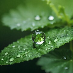 Droplet reflects the surrounding environment, highlighting the beauty and intricacy of nature in a calm and serene setting.