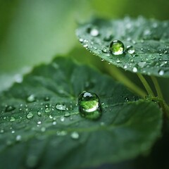 Drop perched on the edge of a green leaf. The crystal-clear water droplet reflects the surrounding environment, highlighting the beauty and intricacy of nature in a calm and serene setting.