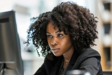 Focused Business Person. African American Businesswoman Working on Computer in Office