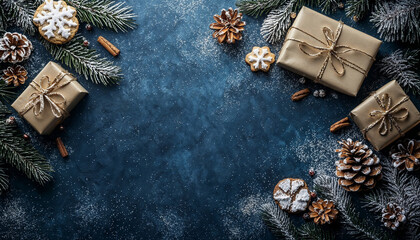 A charming holiday flat-lay showcasing elegantly wrapped presents, snow-dusted pine branches, and snowflake cookies set against a frosty blue background.