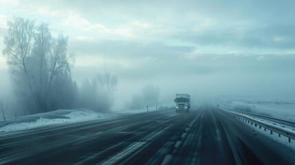 Fog On Road. Truck Traveling Through Foggy Winter Landscape on Highway