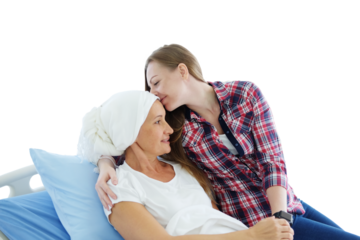 Smiling Caucasian daughter with elderly mother lying on a hospital bed and kissing together after chemotherapy in hospital. she is suffering from cancer or Leukemia patient. Clip art and element