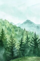 Forest Watercolor. Artistic Green Natural Pine Tree Forest Mountain Background Painting