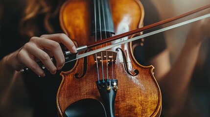 Close-up of a woman's hand holding a violin bow and playing a violin.