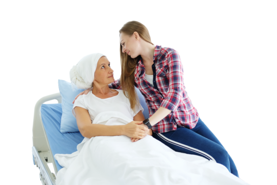 Smiling Caucasian daughter with elderly mother lying on a hospital bed and holding hand together after chemotherapy in hospital. she is suffering from cancer or Leukemia patient. Clip art and element