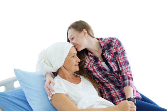 Smiling Caucasian daughter with elderly mother lying on a hospital bed and kissing together after chemotherapy in hospital. she is suffering from cancer or Leukemia patient. Clip art and element