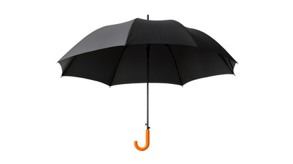 This sleek black umbrella features a bright orange handle, emphasizing its modern design. It is displayed against a transparent background, highlighting its details
