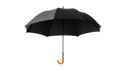 This sleek black umbrella features a bright orange handle, emphasizing its modern design. It is displayed against a transparent background, highlighting its details