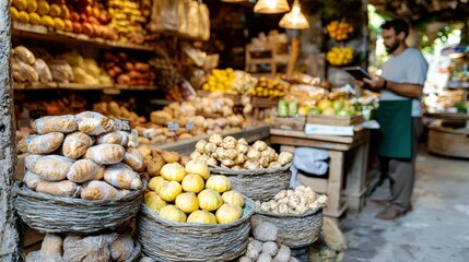 Fresh Produce Display in Charming Market with Baskets of Fruits and Vegetables, A Farmer Organizing Stock in Rustic Ambiance