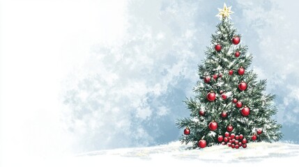 Obraz premium Christmas tree with red ornaments in snowy winter landscape